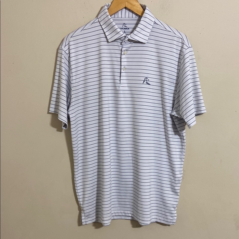 Rhoback Men's White Navy Striped Golf Polo Shirt size L Golf Outdoor Athleisure